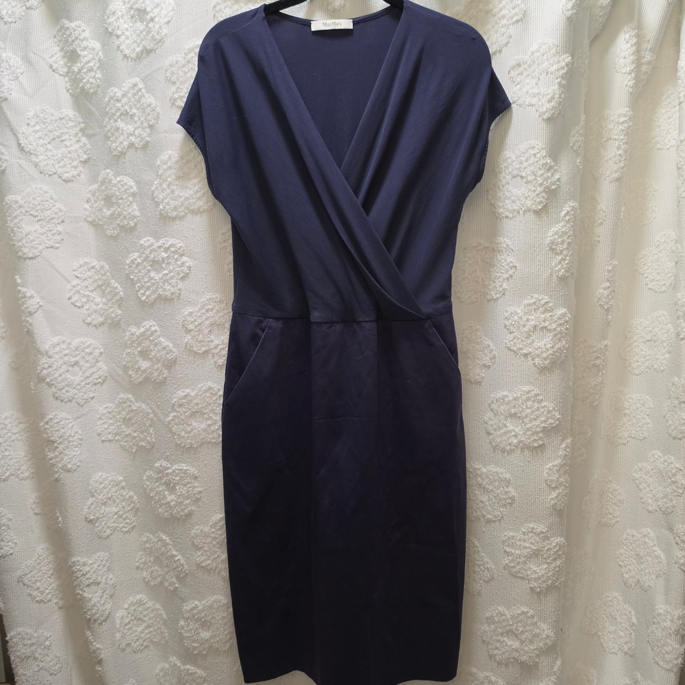 Max‎ Mara Navy Blue Surplice Wrap Sheath Dress Pockets Italy Size 44